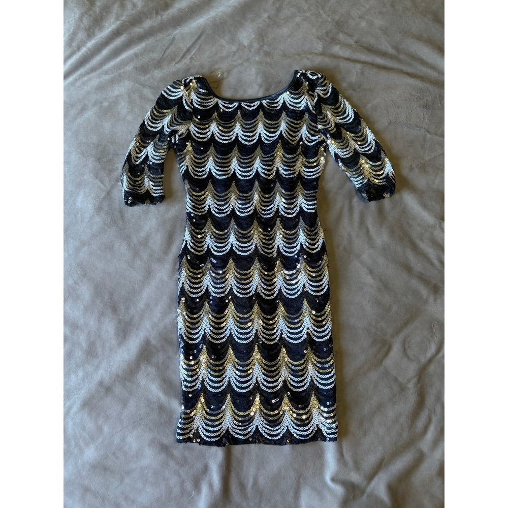 Crystal Doll Sequin Bodycon Dress Black Gold Silver Scallop Wave Mini Medium